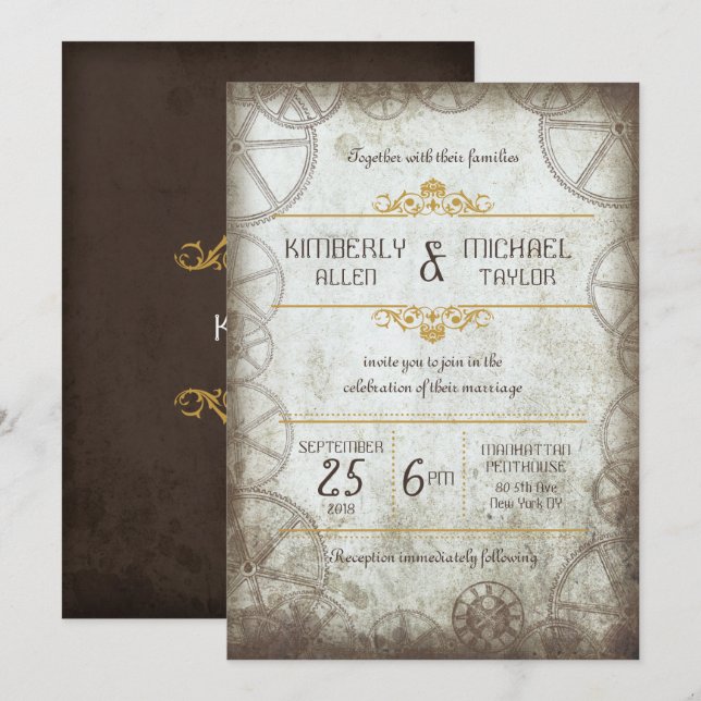 Convites Casamento de Steampunk, Vintage Industrial (Frente/Verso)