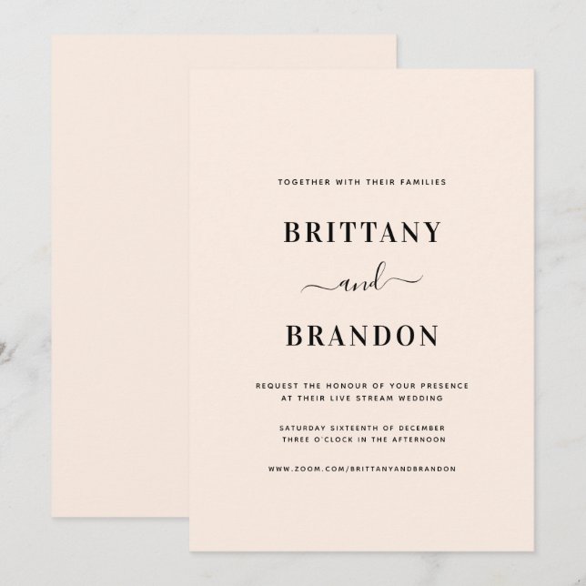 Convites Casamento de Stream ao Vivo Rosa-Esbranquiçada Min (Frente/Verso)