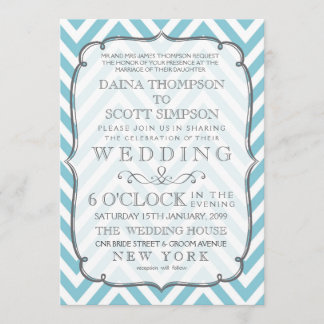 Convites Casamento de Stripes de Chevron Azul e Branco Vint