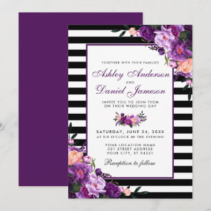 Convites Casamento de Stripes Negras Florais Roxas PB