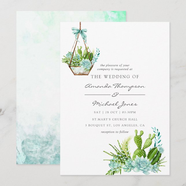 Convites Casamento de Succulents de Vidro Aquoso (Frente/Verso)