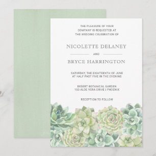 Convites Casamento de Suculência com Aquarela Verde Botân