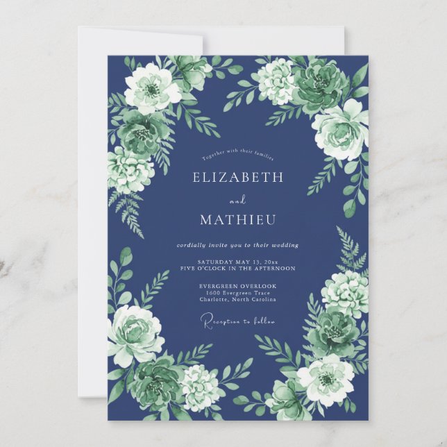 Convites Casamento de Suculentas Azul-Marinho Impecável (Frente)