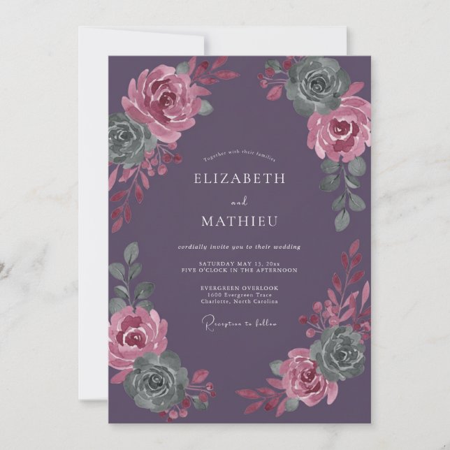 Convites Casamento de Suculentas com Aquarela de Ameixa (Frente)