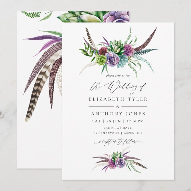Convites Casamento de Suculentas com Boho Místico em Aquare (Frente/Verso)