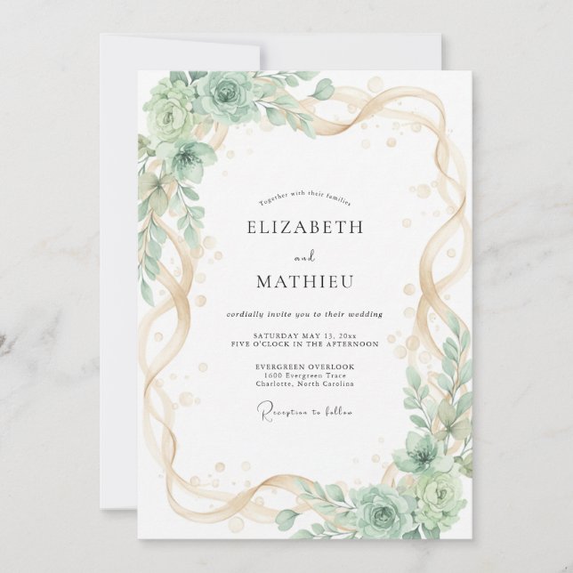 Convites Casamento de Suculentas com Hortelã e Champanhe Eu (Frente)