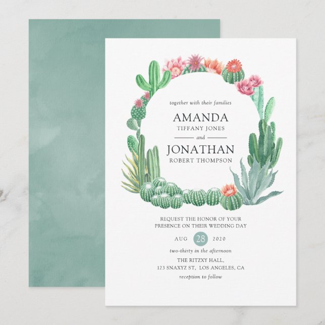 Convites Casamento de Suculentas em Aquarela (Frente/Verso)