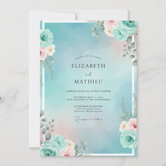 Convites Casamento de Suculentas Eucalipto Água-Pêssego (Frente)