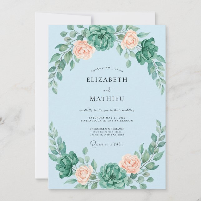 Convites Casamento de Suculentas Eucalipto Damasco Celeste (Frente)