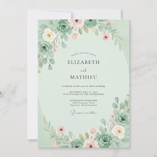 Convites Casamento de Suculentas Eucalipto e Rosa Bege (Frente)