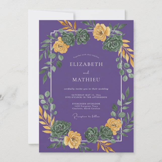 Convites Casamento de Suculentas Eucalipto Roxo Amarelo (Frente)