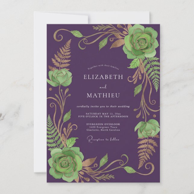 Convites Casamento de Suculentas Eucalipto Salvia Ameixa (Frente)