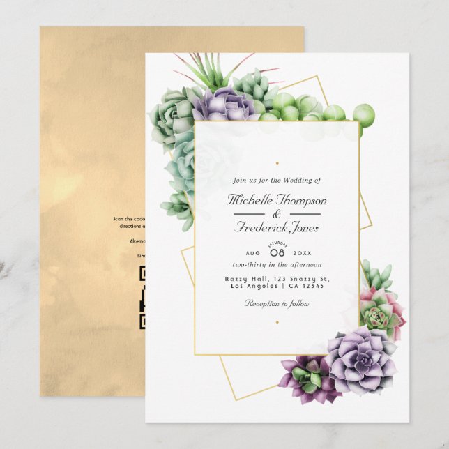 Convites Casamento de Suculentas Geométricas com RSVP por C (Frente/Verso)