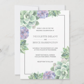 Convites Casamento de Suculentos em Verde Botânico e Roxo