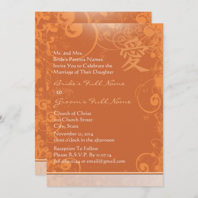 Convites Casamento de Sujidade Mini Laranja Kanji Amor (Frente/Verso)