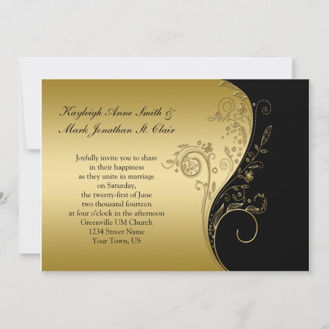 Convites Casamento de Sujoulas Douradas e Negras (Frente)