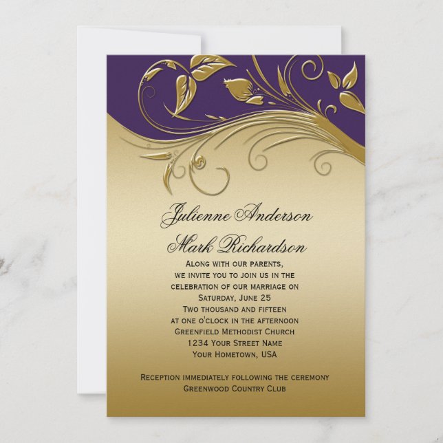 Convites Casamento de Sujoulas Douradas Roxas Reais Ornamen (Frente)