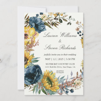 Convites Casamento de Sunflower Brancos e Blue Wreath