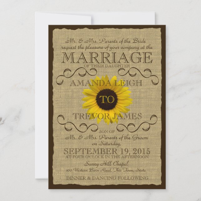 Convites Casamento de Sunflower e Burlap Rustic Country (Frente)