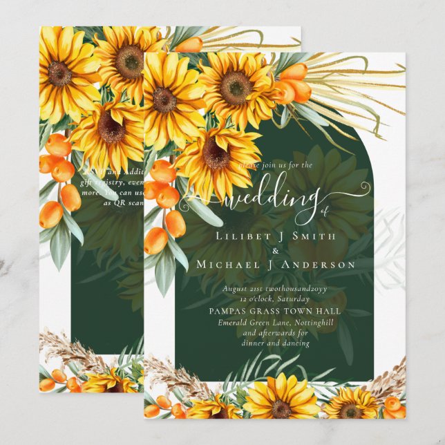 Convites Casamento de Sunflower Pampas Grass Emerald Green  (Frente/Verso)