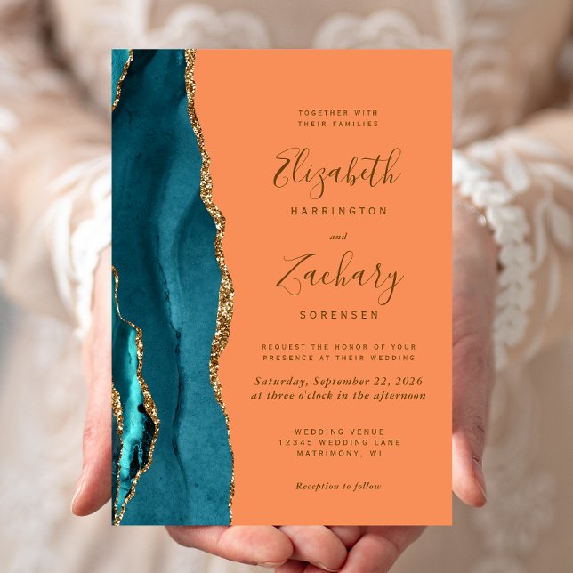 Convites Casamento de Tangerine, Dourado Agate Teal Moderno (Criador carregado)