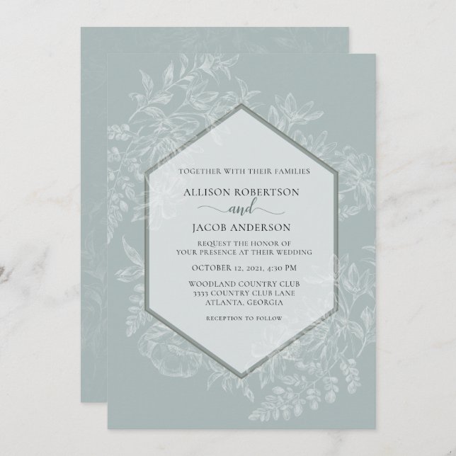 Convites Casamento de Tapeçaria Floral Geométrica Verde Sua (Frente/Verso)