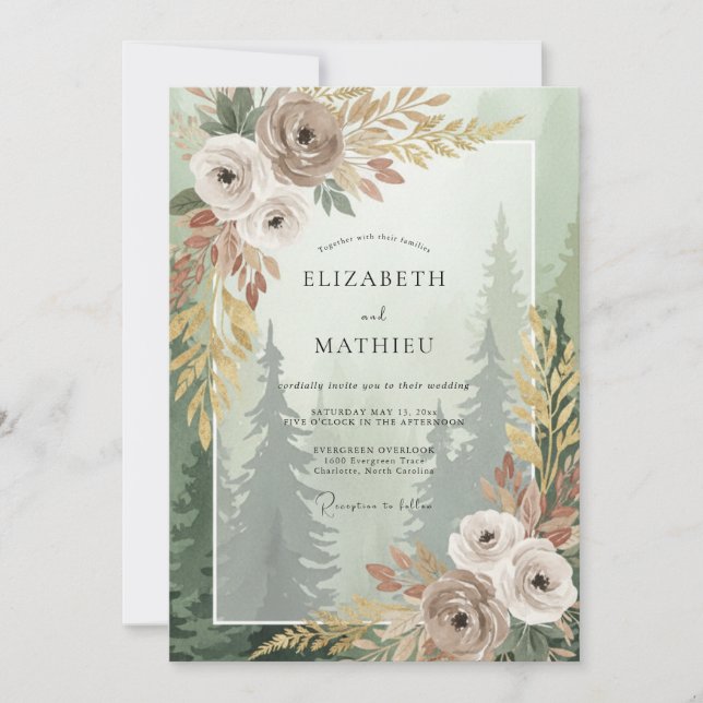 Convites Casamento de Taupe Floresta Pinheiro Eucalipto (Frente)