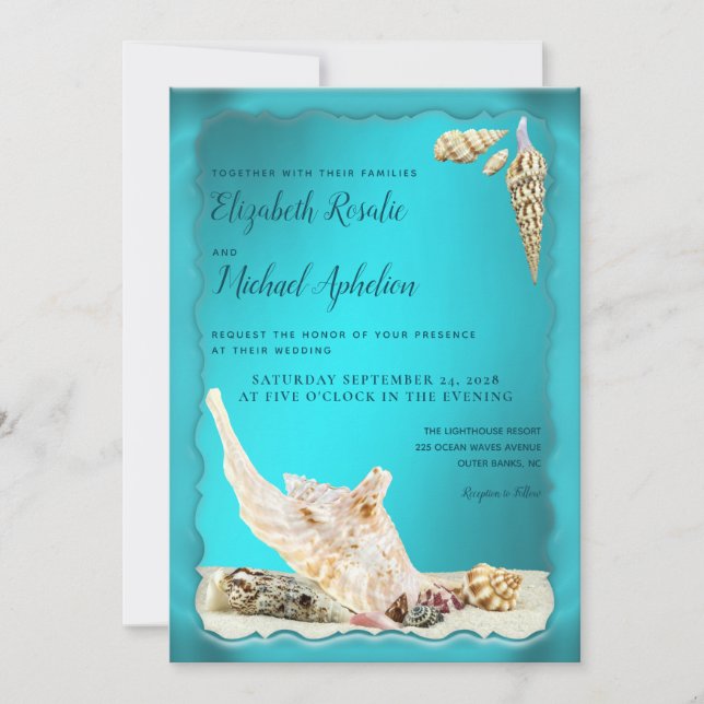 Convites Casamento de Teal Blue Aqua Turquoise Seashell (Frente)