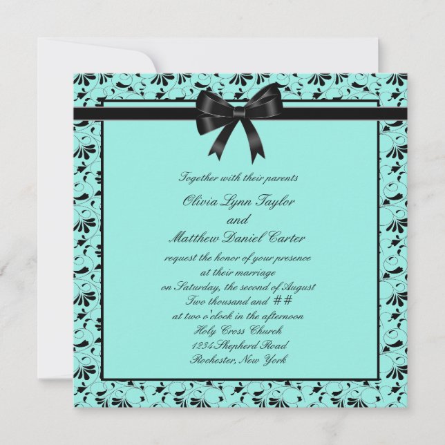 Convites Casamento de Teal Blue Black Swirl Black Teal (Frente)