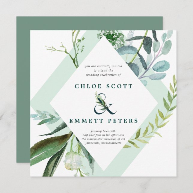 Convites Casamento de Teal Blue e Green Botanical Square (Frente/Verso)