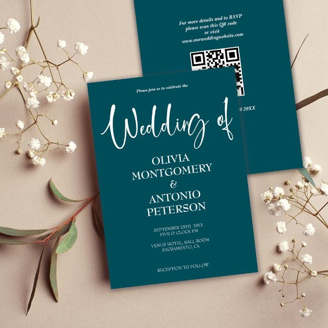 Convites Casamento de Teal com Código QR Simples Moderno e  (Criador carregado)