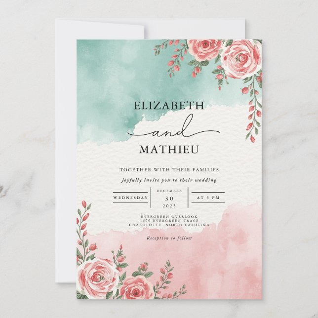 Convites Casamento de Teal Coral Floral Arch (Frente)