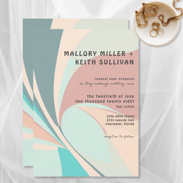 Convites Casamento de Teal e Aqua de Pêssego Retro Moderno (Criador carregado)