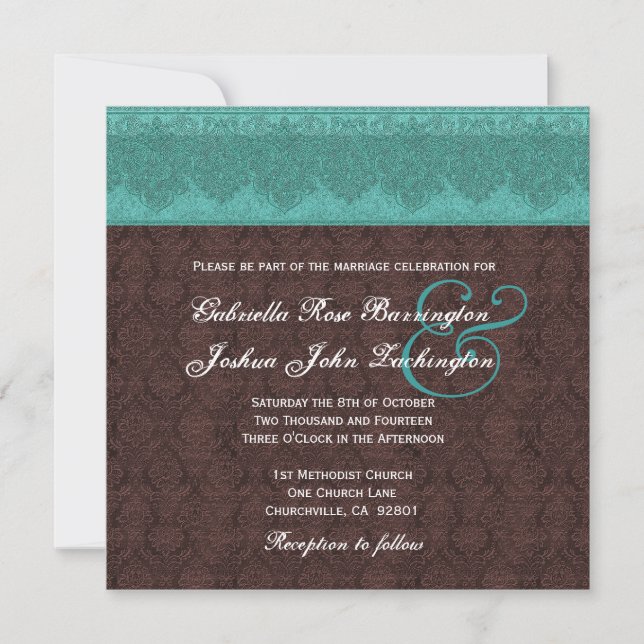Convites Casamento de Teal e Chocolate Damask Monograma V07 (Frente)