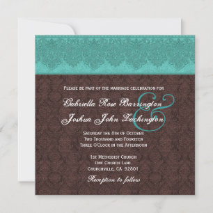 Convites Casamento de Teal e Chocolate Damask Monograma V07