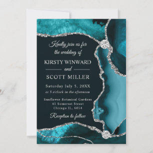 Convites Casamento de Teal e Silver Faux Glitter Agate