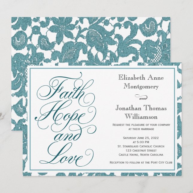 Convites Casamento de Teal Lace com Faith Hope & Love (Frente/Verso)