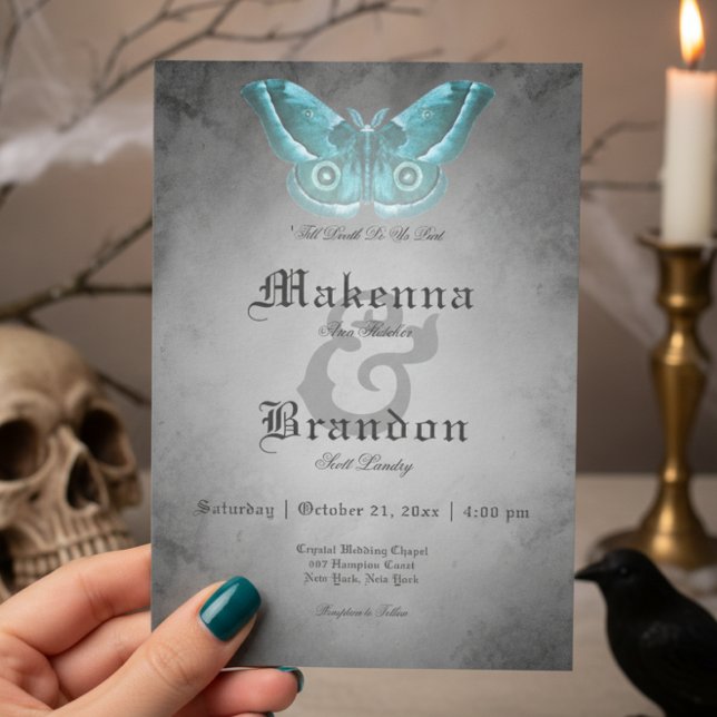 Convites Casamento de Teal Moth com Preto Gótico Escuro (Criador carregado)