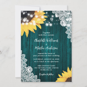 Convites Casamento de Teal Rustic Wood Lace Sunflower