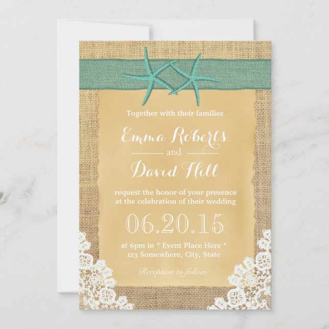 Convites Casamento de Teal Starfish Lace & Burlap (Frente)