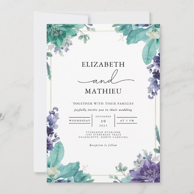 Convites Casamento de Teal & Violet Bloom Border (Frente)