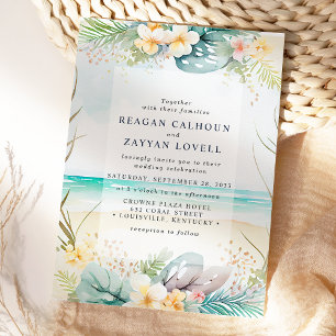 Convites Casamento de Teal Watercolor Floral Beach