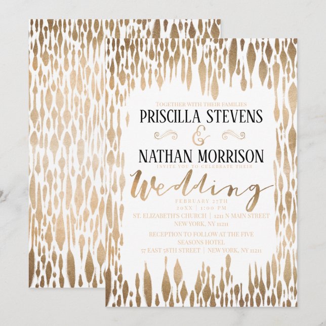 Convites Casamento de Teardrop Dourado Moderno com Brushstr (Frente/Verso)