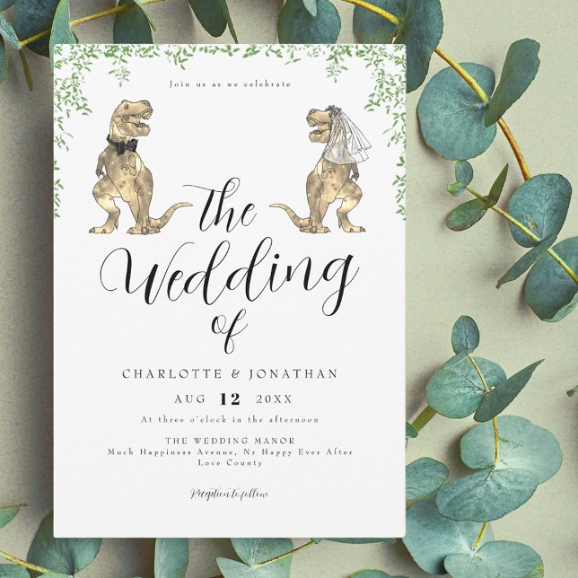 Convites Casamento de Tema Dinossauro (Dinosaur them wedding invitation with watercolor botanical foliage)