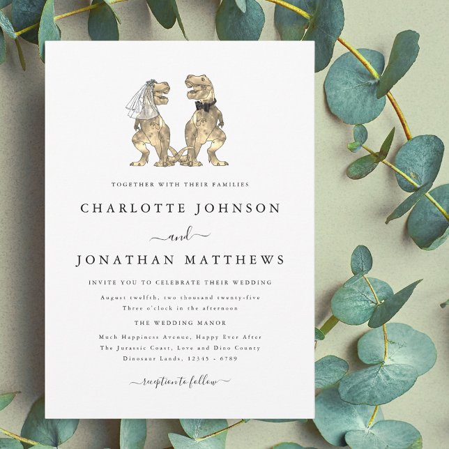 Convites Casamento de Tema Dinossauro (dinosaur theme wedding black and white invitation elegant modern T-Rex dino bride and groom)