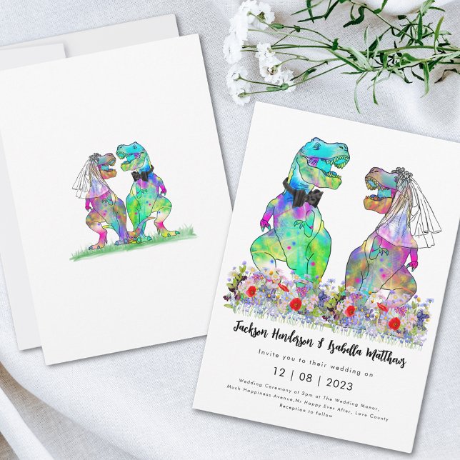 Convites Casamento de Tema Dinossauro (T-Rex bride and groom colorful wildflower meadow fun dinosaur wedding invitation )