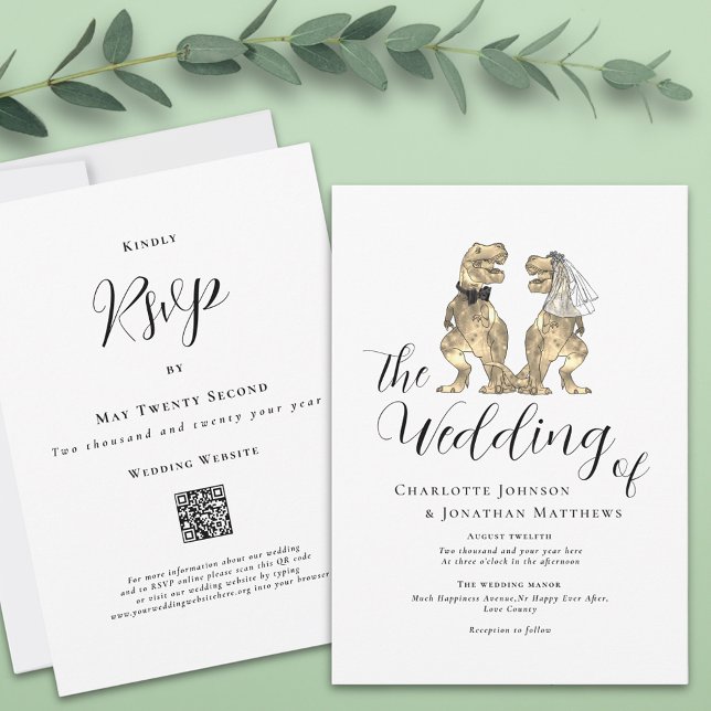 Convites Casamento de Tema Dinossauro (T-Rex bride and groom funny dinosaur wedding website qr code invitation Modern elegant script)
