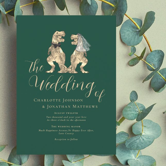 Convites Casamento de Tema Dinossauro (Dinosaur wedding dark green invitation Fun T-Rex din bride and groom elegant modern script )