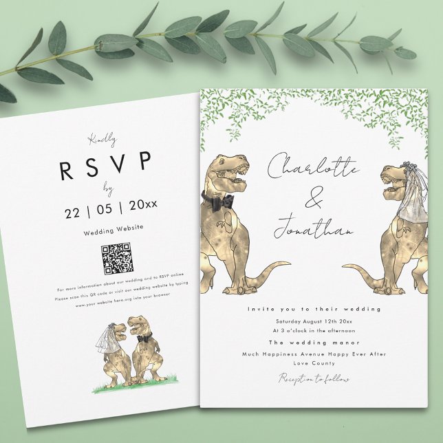 Convites Casamento de Tema Dinossauro (Boho botanical dinosaur wedding invitation with qr code)