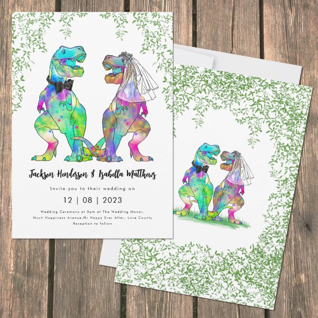 Convites Casamento de Tema do Dinossauro Colorido (Funny colorful dinosaur themed wedding fun T-Rex bride & groom artwork by artist Catherine Sweetman )